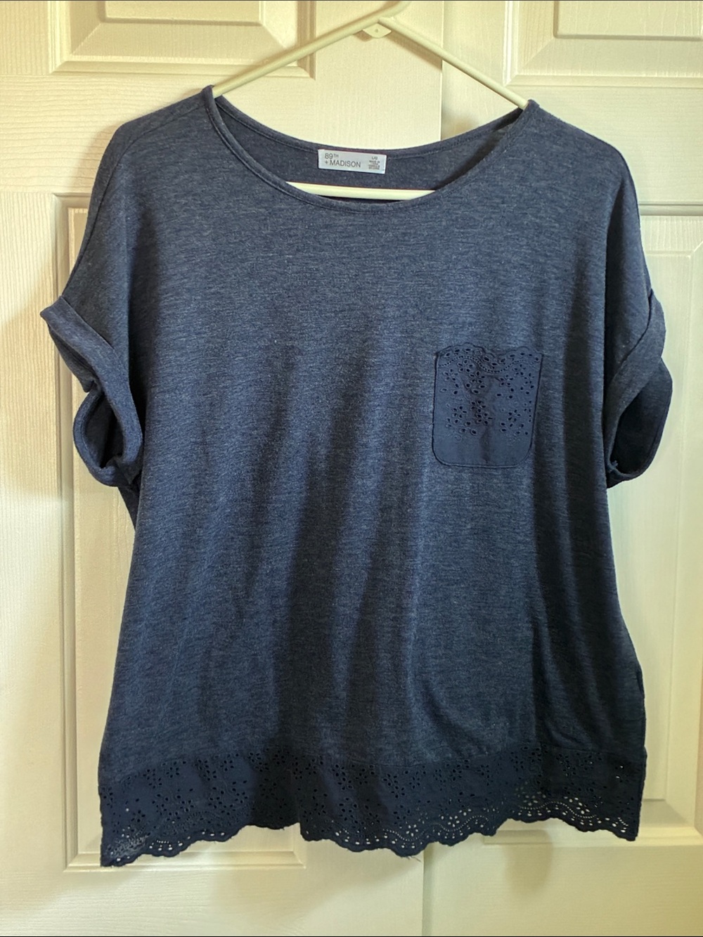 89th Madison Navy Short Sleeve Top with Eyelet Lace Hem and Pocket